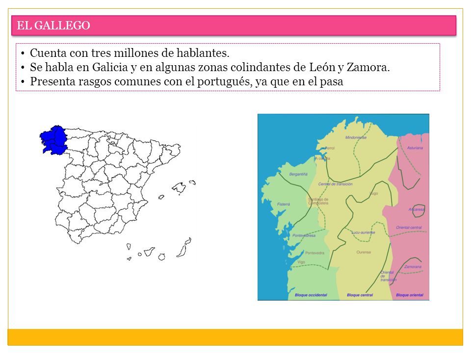 EL GALLEGO Cuenta con tres millones de hablantes. Se habla en Galicia y en algunas zonas colindantes de León y Zamora.