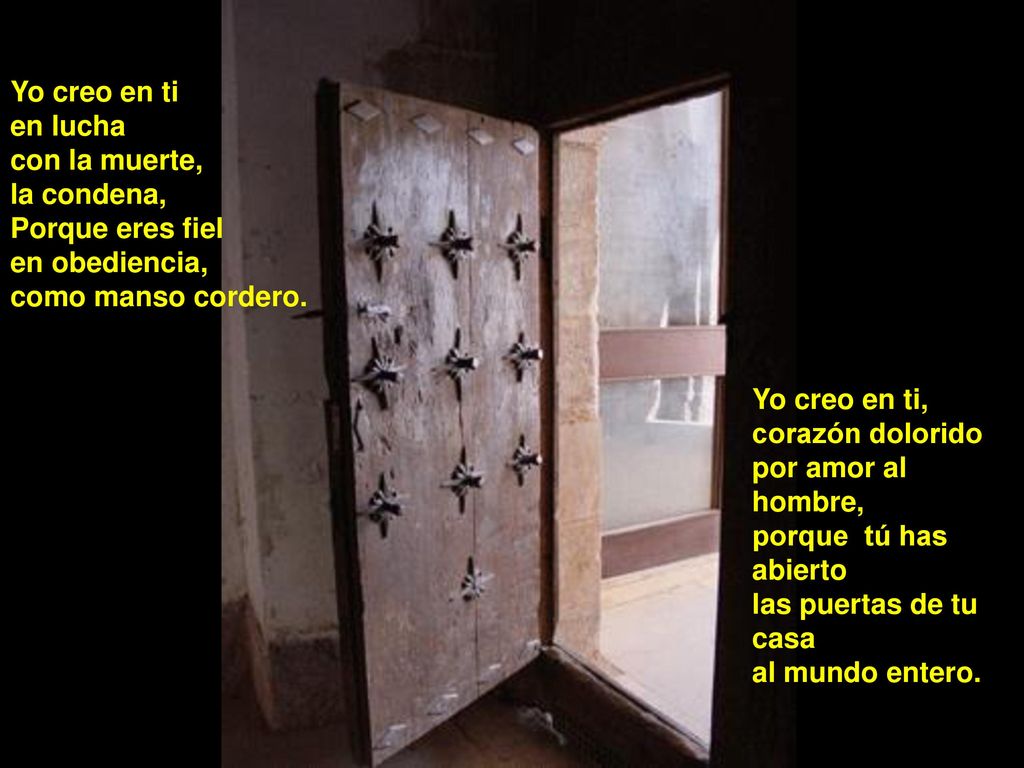 Yo creo en ti en lucha. con la muerte, la condena, Porque eres fiel. en obediencia, como manso cordero.