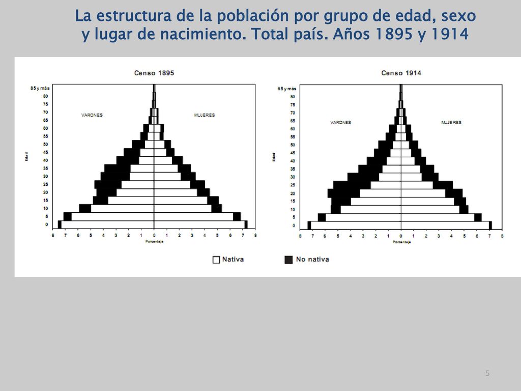 La estructura de la población por grupo de edad, sexo y lugar de nacimiento.