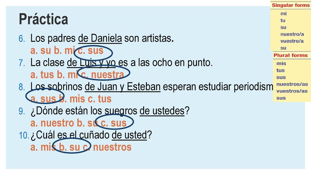 Práctica Los padres de Daniela son artistas. a. su b. mi c. sus