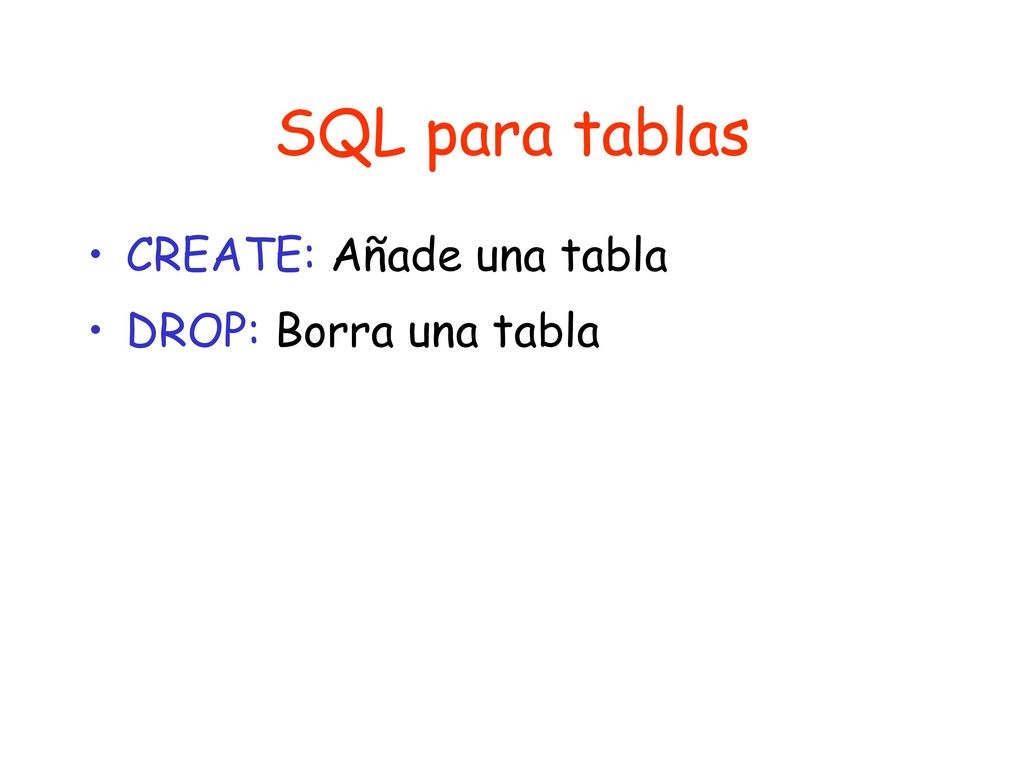 SQL para tablas CREATE: Añade una tabla DROP: Borra una tabla