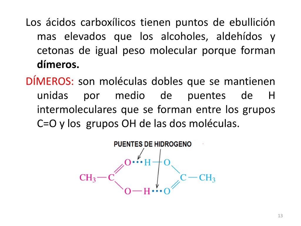 Los ácidos carboxílicos tienen puntos de ebullición mas elevados que los alcoholes, aldehídos y cetonas de igual peso molecular porque forman dímeros.