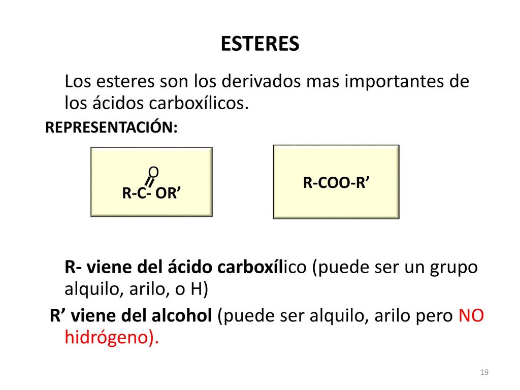 ESTERES Los esteres son los derivados mas importantes de los ácidos carboxílicos. REPRESENTACIÓN:
