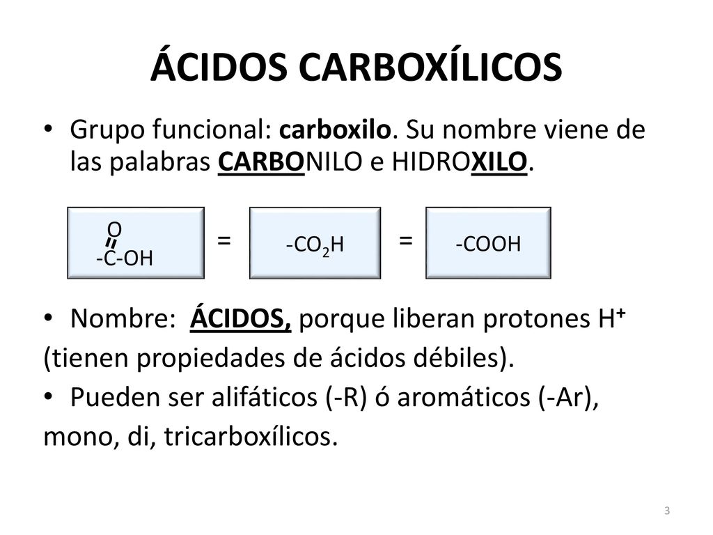 ÁCIDOS CARBOXÍLICOS Grupo funcional: carboxilo. Su nombre viene de las palabras CARBONILO e HIDROXILO.