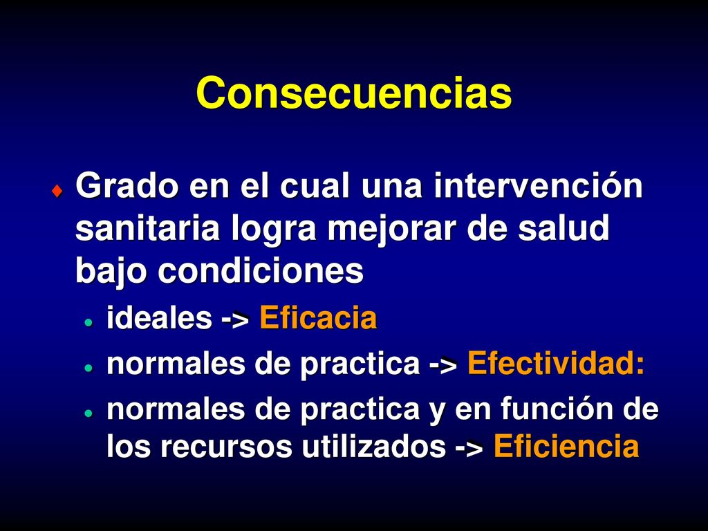 Consecuencias Grado en el cual una intervención sanitaria logra mejorar de salud bajo condiciones. ideales -> Eficacia.