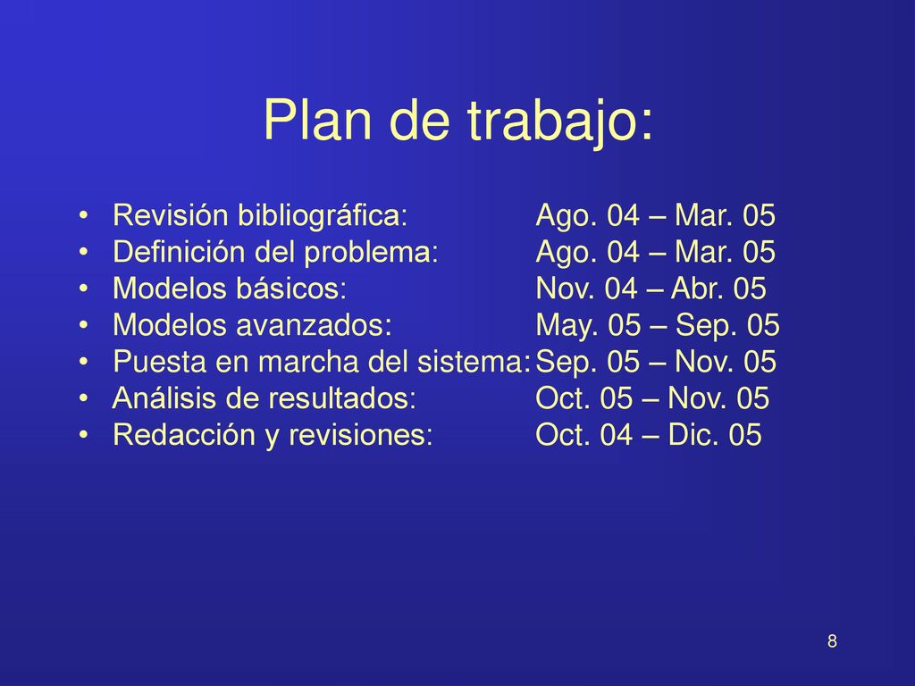 Plan de trabajo: Revisión bibliográfica: Ago. 04 – Mar. 05