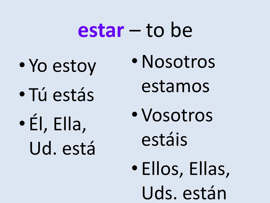 Nosotros estamos Yo estoy Tú estás Vosotros estáis Él, Ella, Ud. está