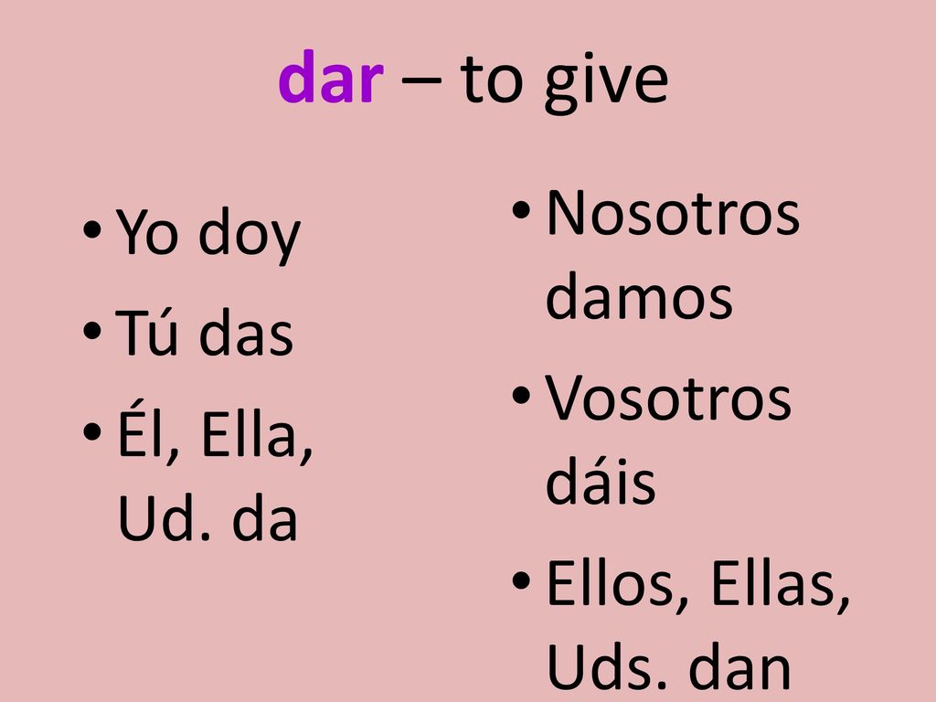 Nosotros damos Yo doy Tú das Vosotros dáis Él, Ella, Ud. da