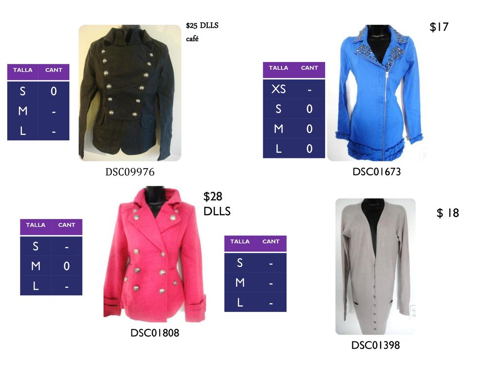 $17 S M - L XS - S M L $28 DLLS $ 18 S - M L S - M L $25 DLLS café