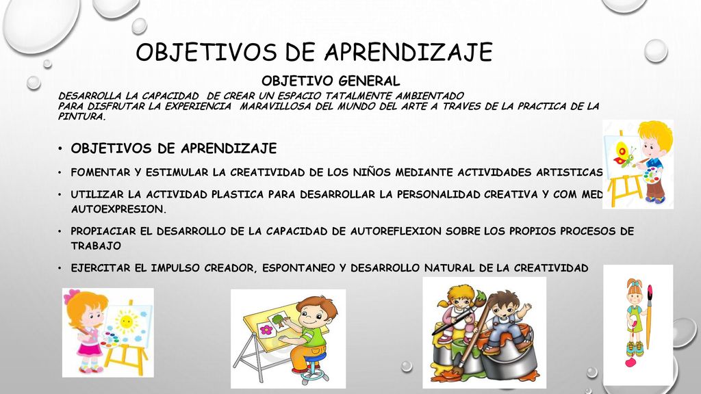 OBJETIVOS DE APRENDIZAJE OBJETIVO GENERAL desarrolla la capacidad DE CREAR UN ESPACIO TATALMENTE AMBIENTADO PARA DISFRUTAR LA EXPERIENCIA MARAVILLOSA DEL MUNDO DEL ARTE A TRAVES DE LA PRACTICA DE LA PINTURA.