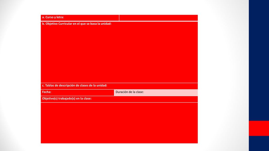 a. Curso y letra: b. Objetivo Curricular en el que se basa la unidad: c. Tablas de descripción de clases de la unidad: