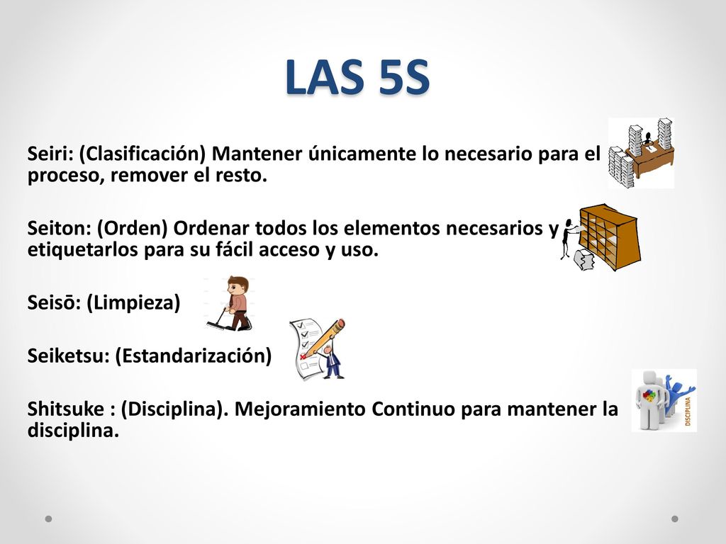 LAS 5S Seiri: (Clasificación) Mantener únicamente lo necesario para el proceso, remover el resto.
