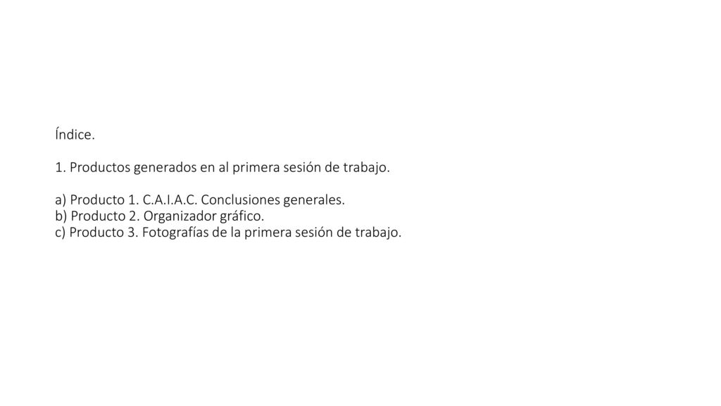 Índice. 1. Productos generados en al primera sesión de trabajo