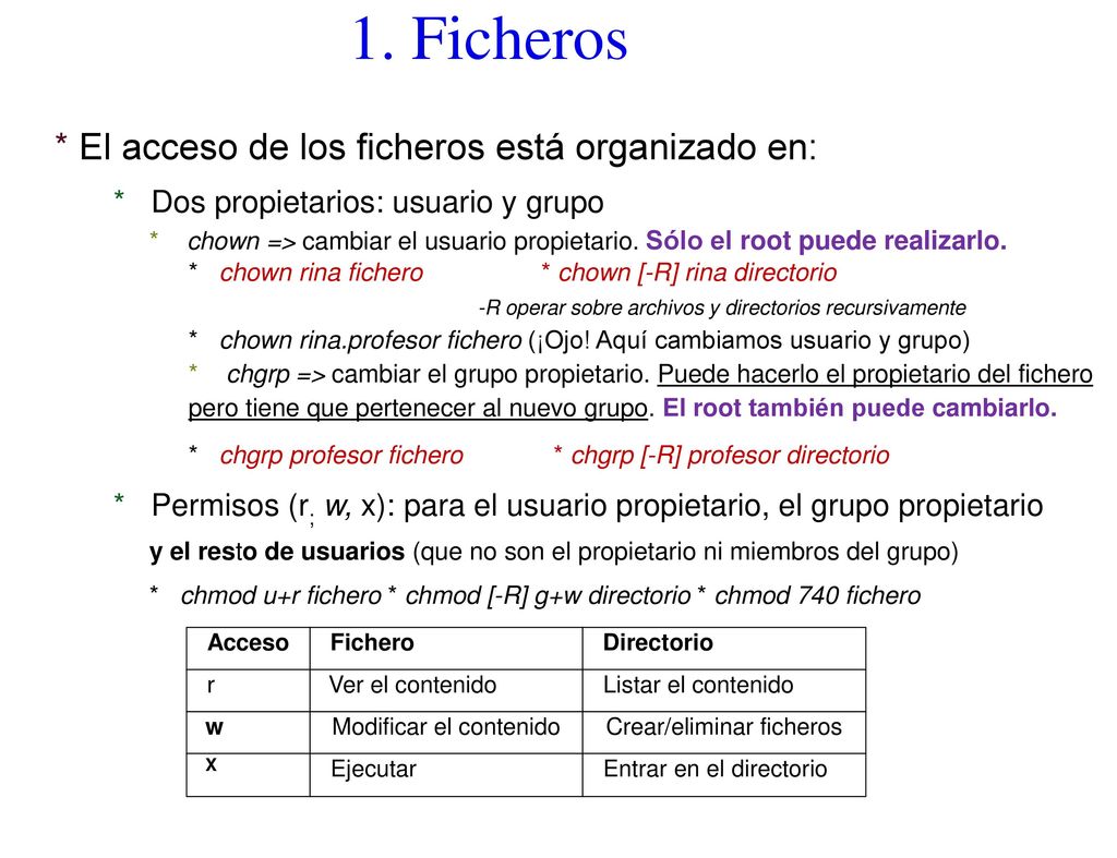 1. Ficheros * El acceso de los ficheros está organizado en: