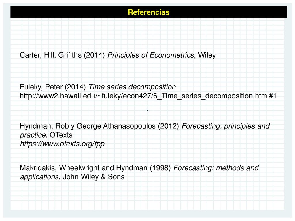 Referencias Carter, Hill, Grifiths (2014) Principles of Econometrics, Wiley. Fuleky, Peter (2014) Time series decomposition.