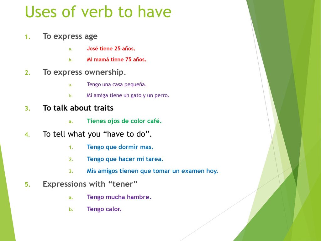 Uses of verb to have To express age To express ownership.