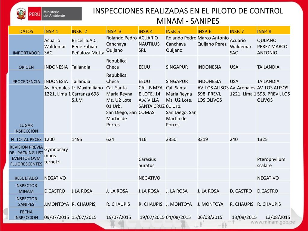 INSPECCIONES REALIZADAS EN EL PILOTO DE CONTROL MINAM - SANIPES