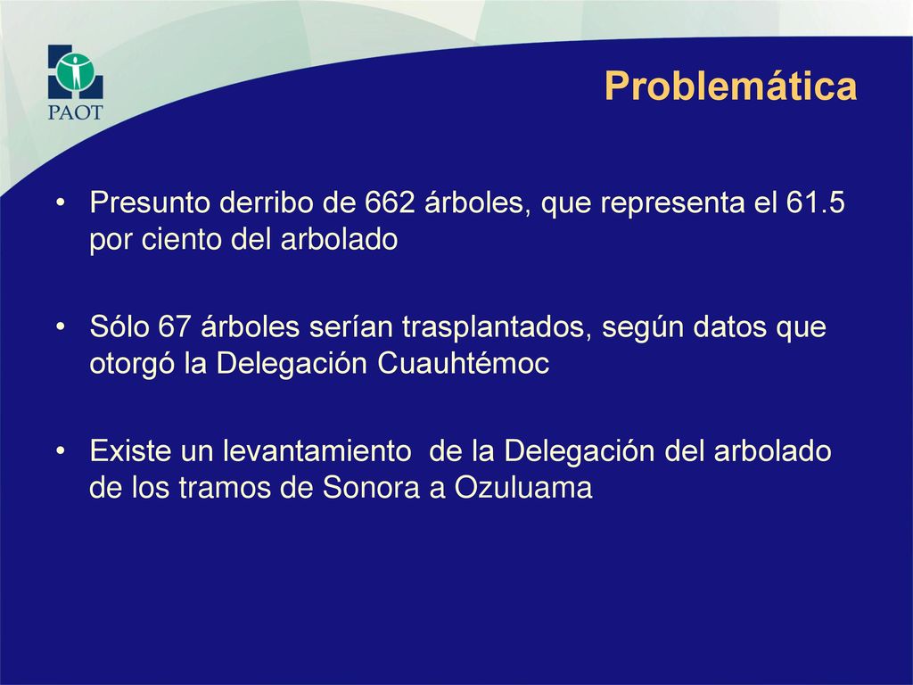Problemática Presunto derribo de 662 árboles, que representa el 61.5 por ciento del arbolado.