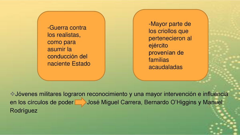 Jóvenes militares lograron reconocimiento y una mayor intervención e influencia en los círculos de poder José Miguel Carrera, Bernardo O’Higgins y Manuel Rodríguez