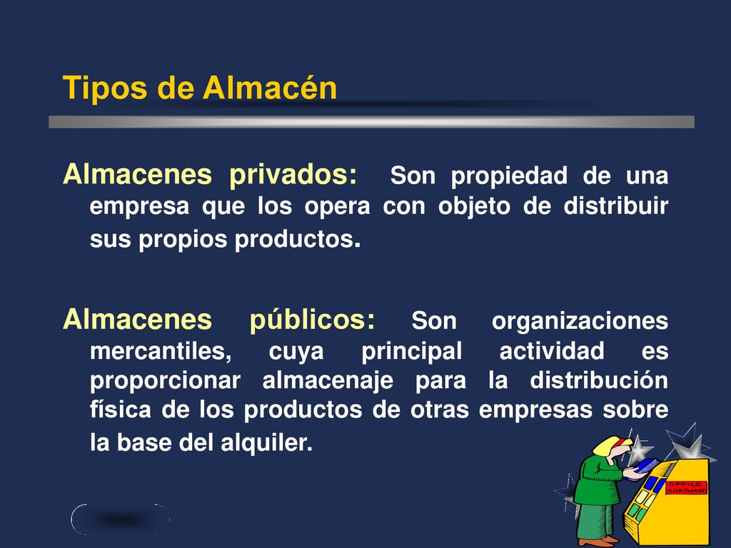 Tipos de Almacén Almacenes privados: Son propiedad de una empresa que los opera con objeto de distribuir sus propios productos.