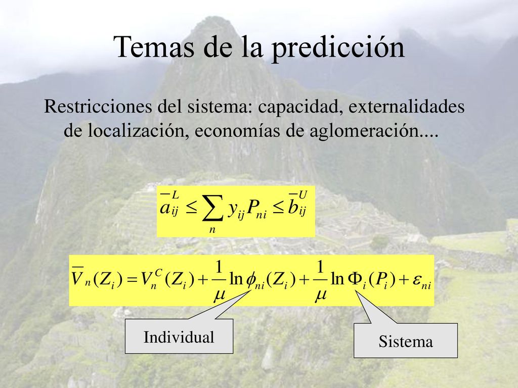 Temas de la predicción Restricciones del sistema: capacidad, externalidades de localización, economías de aglomeración....