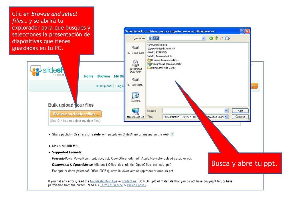 Clic en Browse and select files… y se abrirá tu explorador para que busques y selecciones la presentación de diapositivas que tienes guardadas en tu PC.