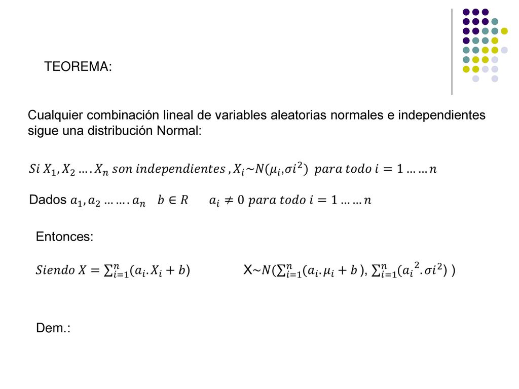 TEOREMA: Cualquier combinación lineal de variables aleatorias normales e independientes sigue una distribución Normal: