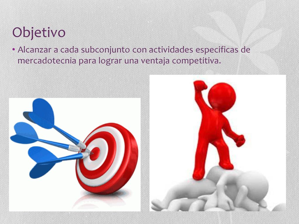 Objetivo Alcanzar a cada subconjunto con actividades especificas de mercadotecnia para lograr una ventaja competitiva.