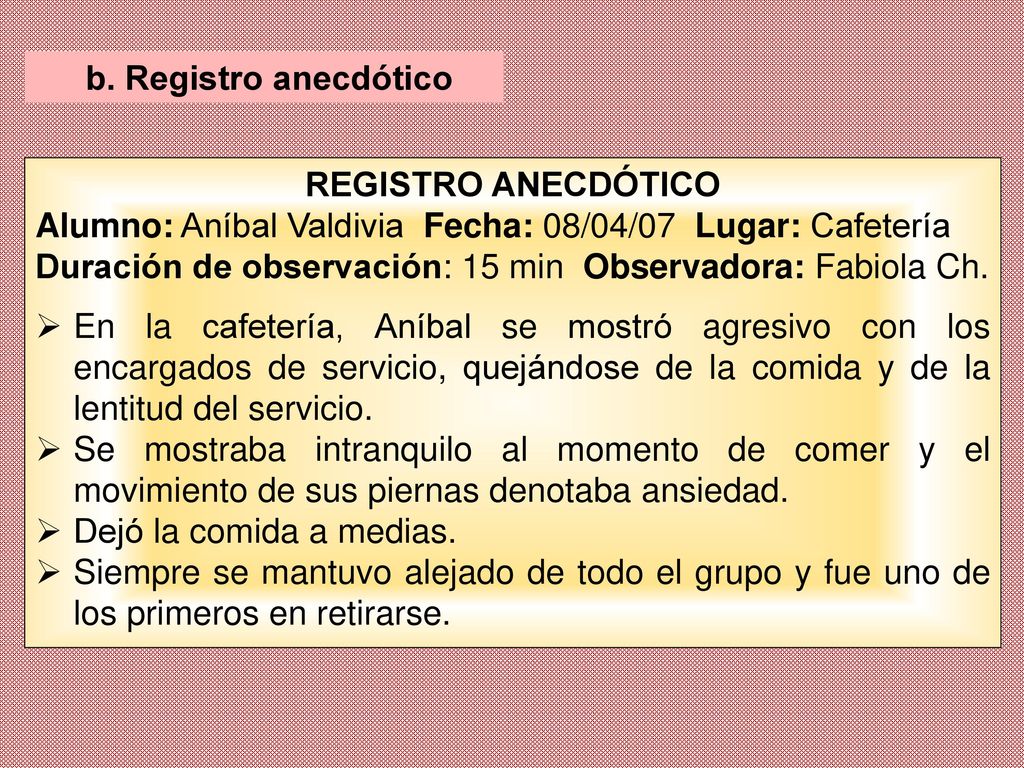 b. Registro anecdótico REGISTRO ANECDÓTICO. Alumno: Aníbal Valdivia Fecha: 08/04/07 Lugar: Cafetería.