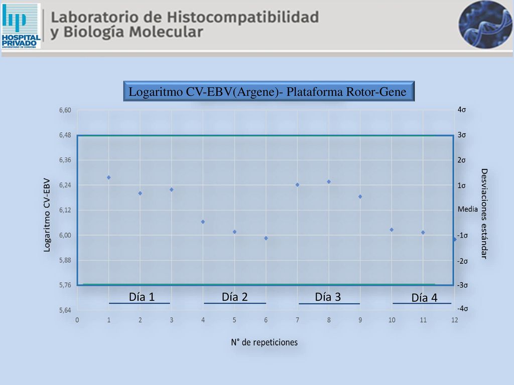 Día 1 Día 2 Día 3 Día 4 Logaritmo CV-EBV(Argene)- Plataforma Rotor-Gene
