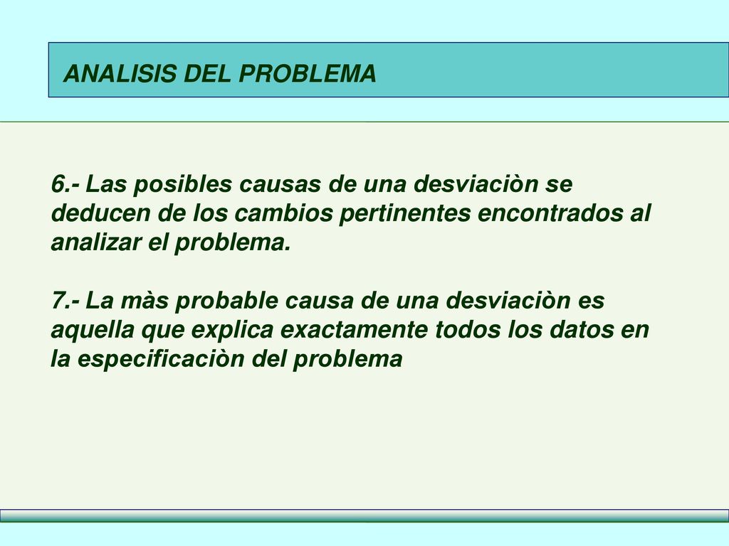 ANALISIS DEL PROBLEMA 6.- Las posibles causas de una desviaciòn se deducen de los cambios pertinentes encontrados al analizar el problema.