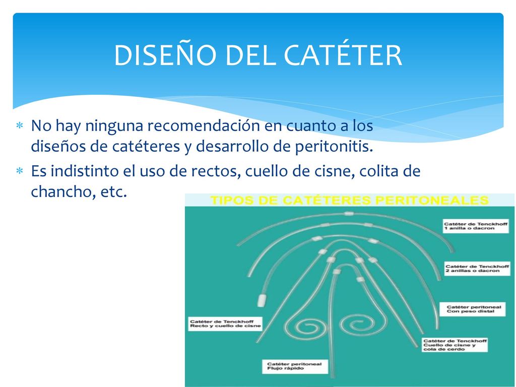 Diseño del catéter No hay ninguna recomendación en cuanto a los diseños de catéteres y desarrollo de peritonitis.