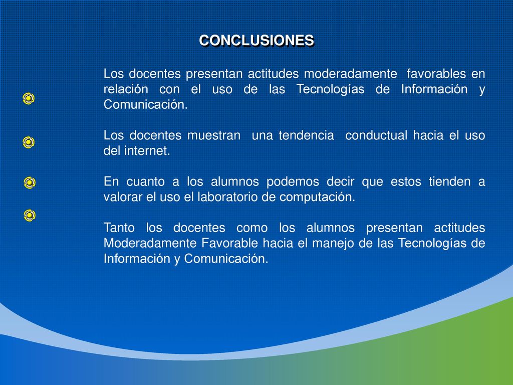 CONCLUSIONES Los docentes presentan actitudes moderadamente favorables en relación con el uso de las Tecnologías de Información y Comunicación.