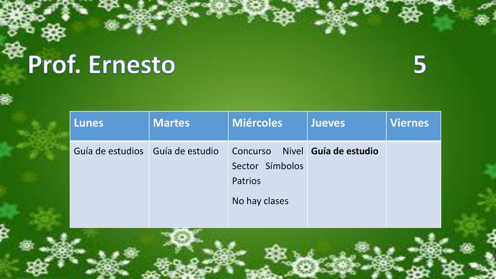 Prof. Ernesto 5 Lunes Martes Miércoles Jueves Viernes Guía de estudios