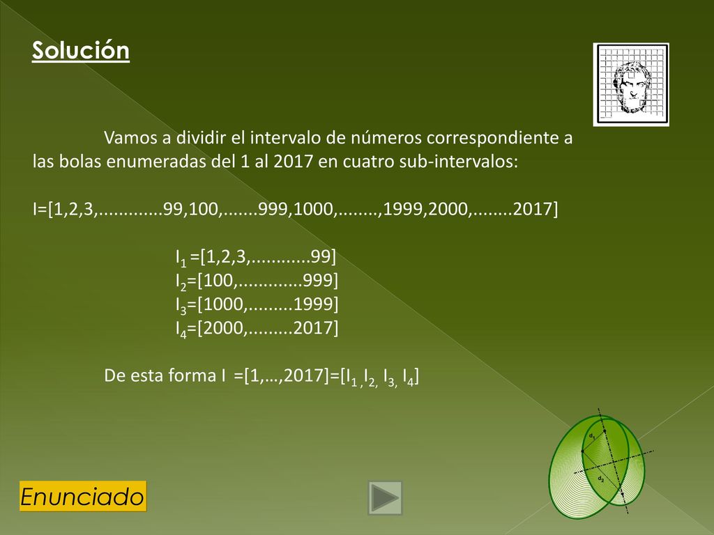 Solución Vamos a dividir el intervalo de números correspondiente a las bolas enumeradas del 1 al 2017 en cuatro sub-intervalos:
