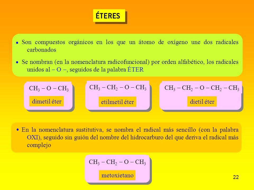 ÉTERES  Son compuestos orgánicos en los que un átomo de oxígeno une dos radicales carbonados.