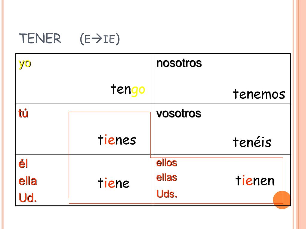 tengo tenemos tienes tenéis tienen tiene TENER (eie) yo nosotros tú