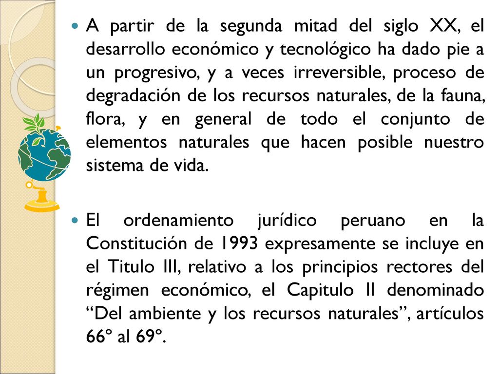 A partir de la segunda mitad del siglo XX, el desarrollo económico y tecnológico ha dado pie a un progresivo, y a veces irreversible, proceso de degradación de los recursos naturales, de la fauna, flora, y en general de todo el conjunto de elementos naturales que hacen posible nuestro sistema de vida.