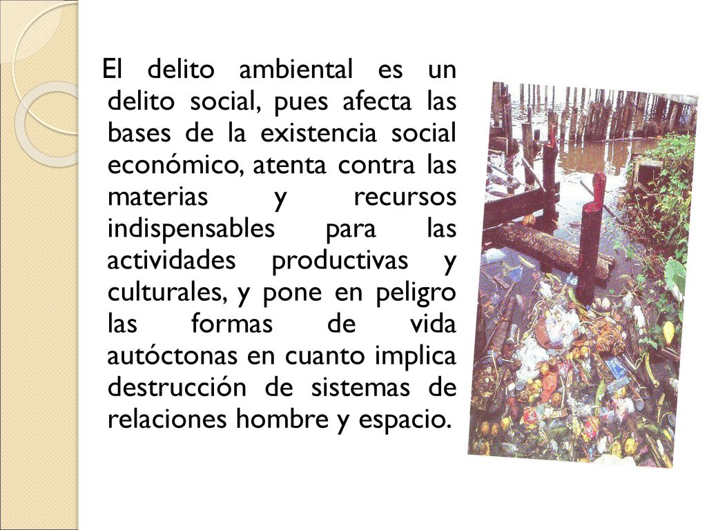 El delito ambiental es un delito social, pues afecta las bases de la existencia social económico, atenta contra las materias y recursos indispensables para las actividades productivas y culturales, y pone en peligro las formas de vida autóctonas en cuanto implica destrucción de sistemas de relaciones hombre y espacio.