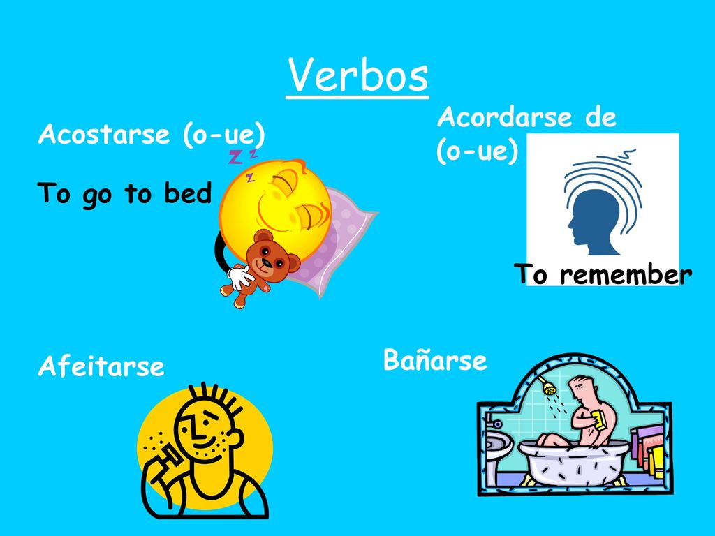 Verbos Acordarse de (o-ue) Acostarse (o-ue) To go to bed To remember