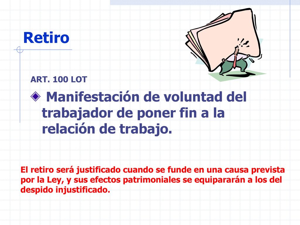 Retiro ART. 100 LOT. Manifestación de voluntad del trabajador de poner fin a la relación de trabajo.