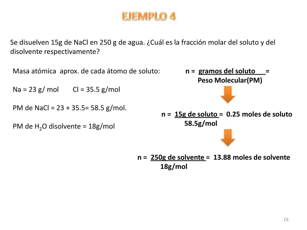 EJEMPLO 4 Se disuelven 15g de NaCl en 250 g de agua. ¿Cuál es la fracción molar del soluto y del disolvente respectivamente