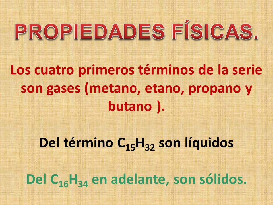 Los cuatro primeros términos de la serie son gases (metano, etano, propano y butano ). Del término C15H32 son líquidos Del C16H34 en adelante, son sólidos.