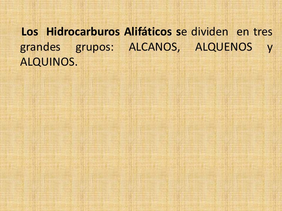Los Hidrocarburos Alifáticos se dividen en tres grandes grupos: ALCANOS, ALQUENOS y ALQUINOS.