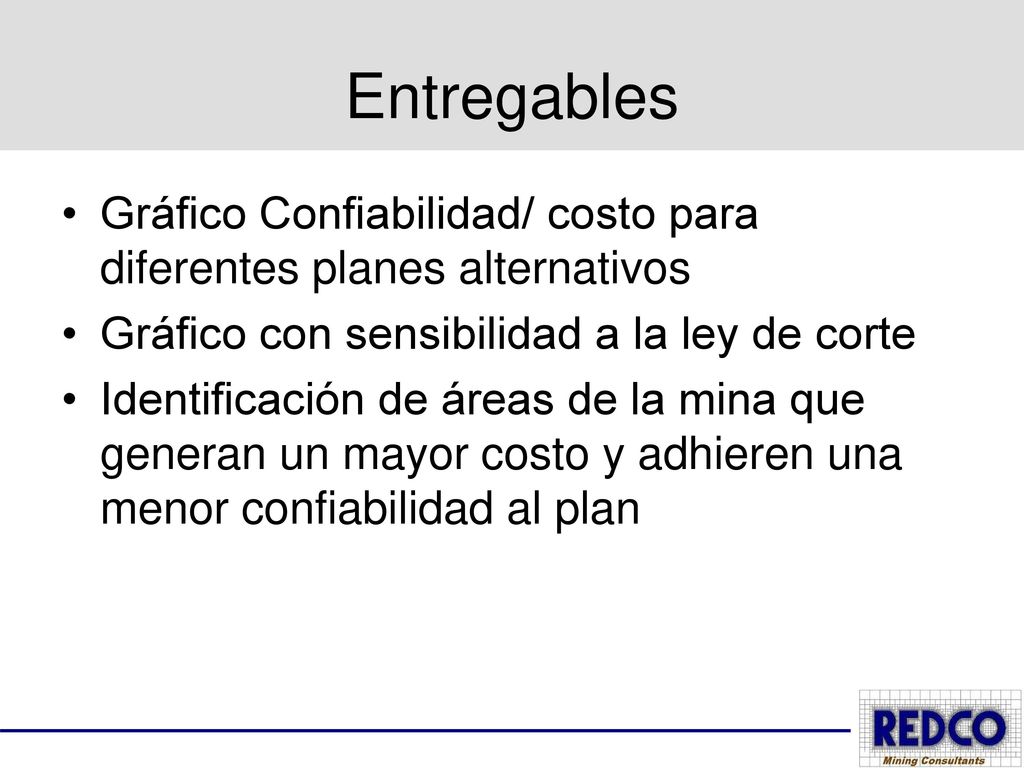 Entregables Gráfico Confiabilidad/ costo para diferentes planes alternativos. Gráfico con sensibilidad a la ley de corte.