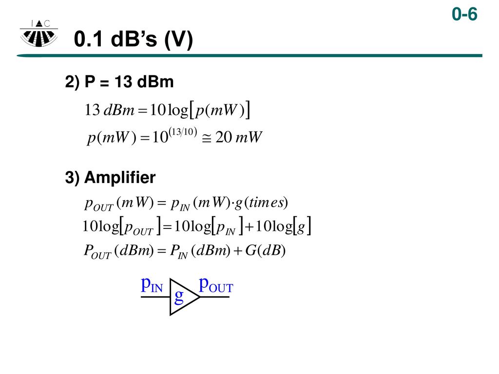 0.1 dB’s (V) 2) P = 13 dBm 3) Amplifier PESO