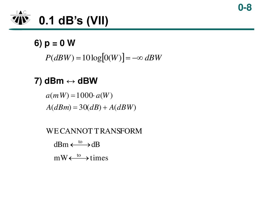 0.1 dB’s (VII) 6) p = 0 W 7) dBm ↔ dBW PESO