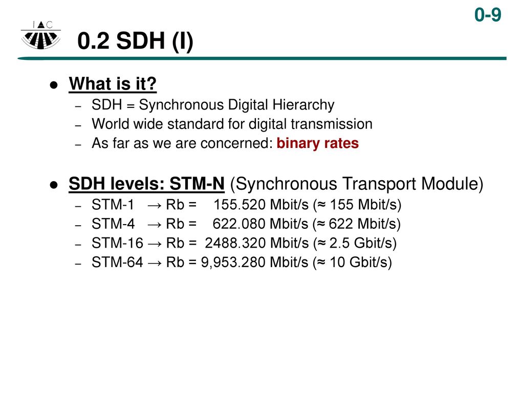0.2 SDH (I) What is it SDH = Synchronous Digital Hierarchy. World wide standard for digital transmission.