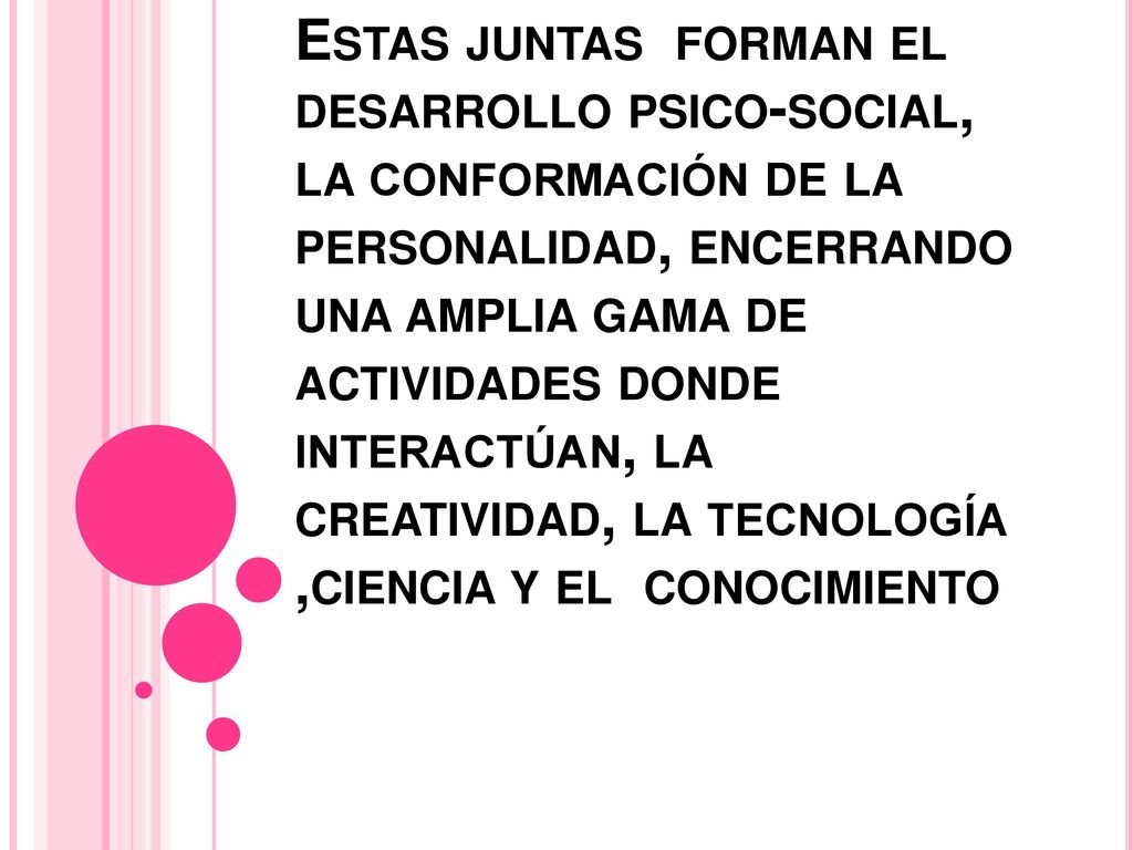 Estas juntas forman el desarrollo psico-social, la conformación de la personalidad, encerrando una amplia gama de actividades donde interactúan, la creatividad, la tecnología ,ciencia y el conocimiento
