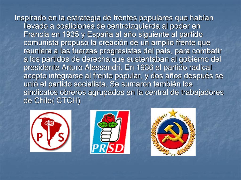Inspirado en la estrategia de frentes populares que habían llevado a coaliciones de centroizquierda al poder en Francia en 1935 y España al año siguiente al partido comunista propuso la creación de un amplio frente que reuniera a las fuerzas progresistas del país, para combatir a los partidos de derecha que sustentaban al gobierno del presidente Arturo Alessandri.